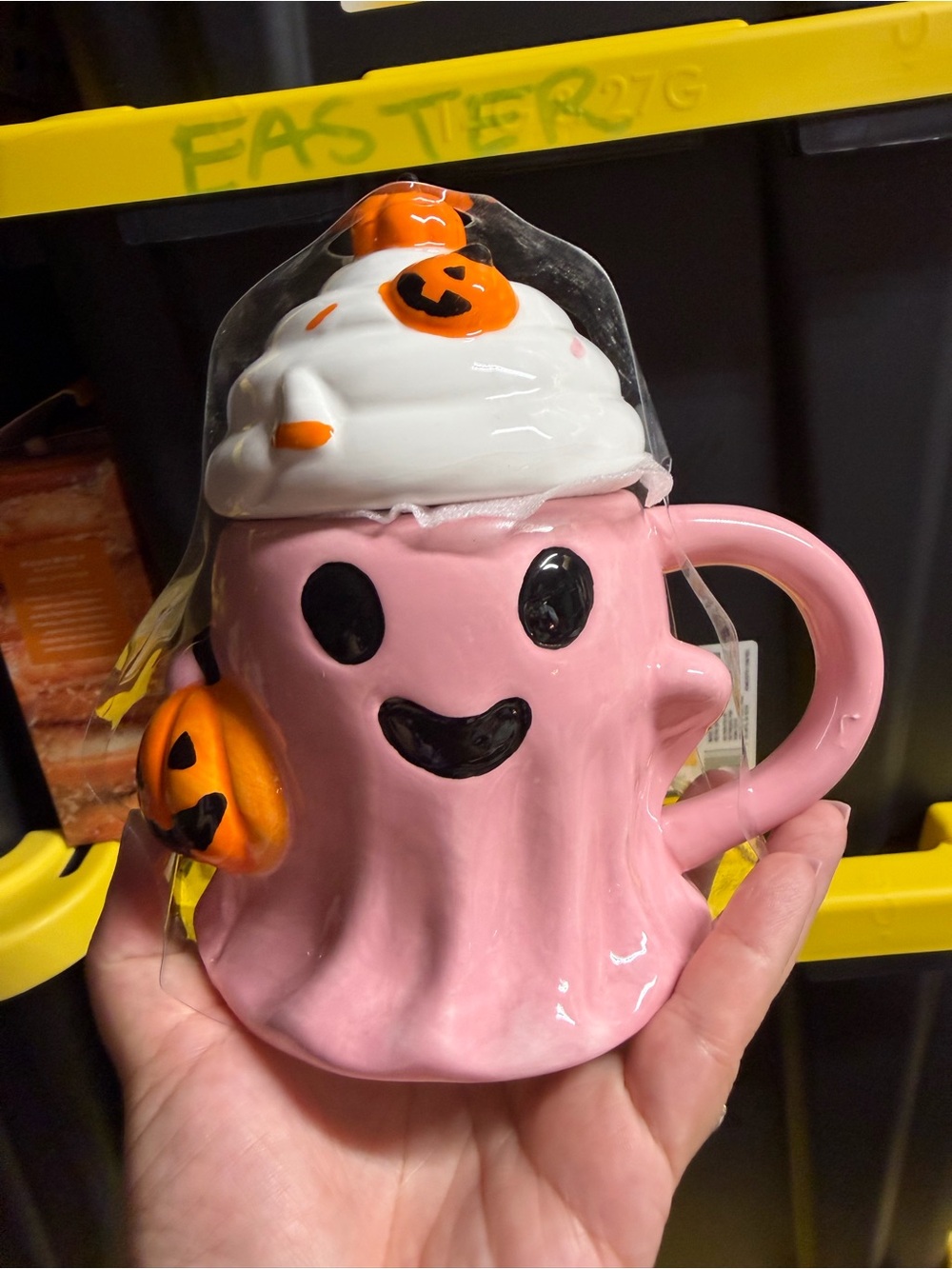 Cute Pink Ghost Halloween Mug with Pumpkin Accent